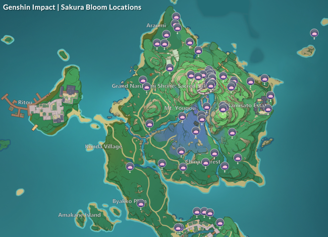 Mapa de ubicación de Genshin Impact Sakura Bloom: agricultura, tiempo de reinicio y ubicaciones